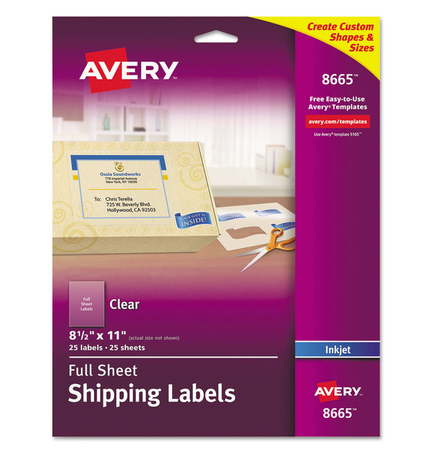 Matte Clear Shipping Labels, Inkjet Printers, 8.5 x 11, Clear, 25/Pack