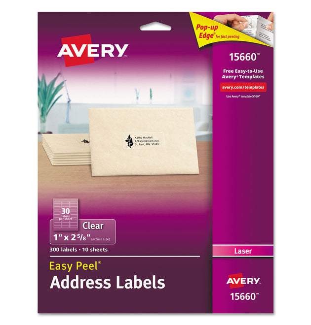 Matte Clear Easy Peel Mailing Labels w/ Sure Feed Technology, Laser Printers, 1 x 2.63, Clear, 30/Sheet, 10 Sheets/Pack