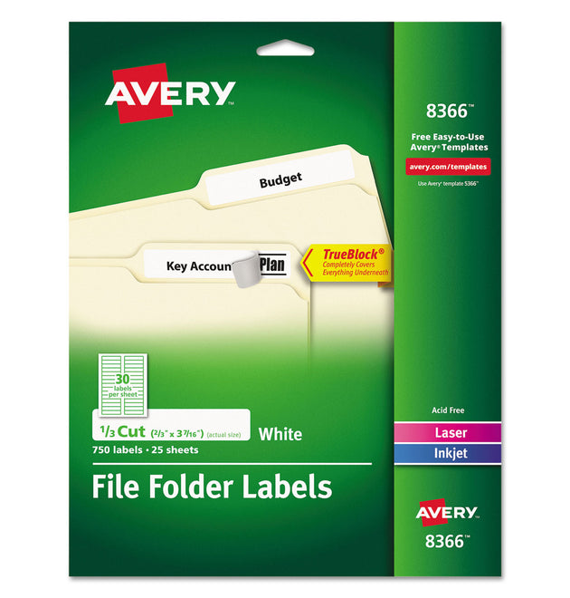 Permanent TrueBlock File Folder Labels with Sure Feed Technology, 0.66 x 3.44, White, 30/Sheet, 25 Sheets/Pack