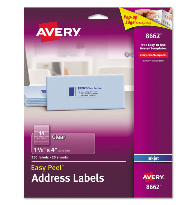 Matte Clear Easy Peel Mailing Labels w/ Sure Feed Technology, Inkjet Printers, 1.33 x 4, Clear, 14/Sheet, 25 Sheets/Pack