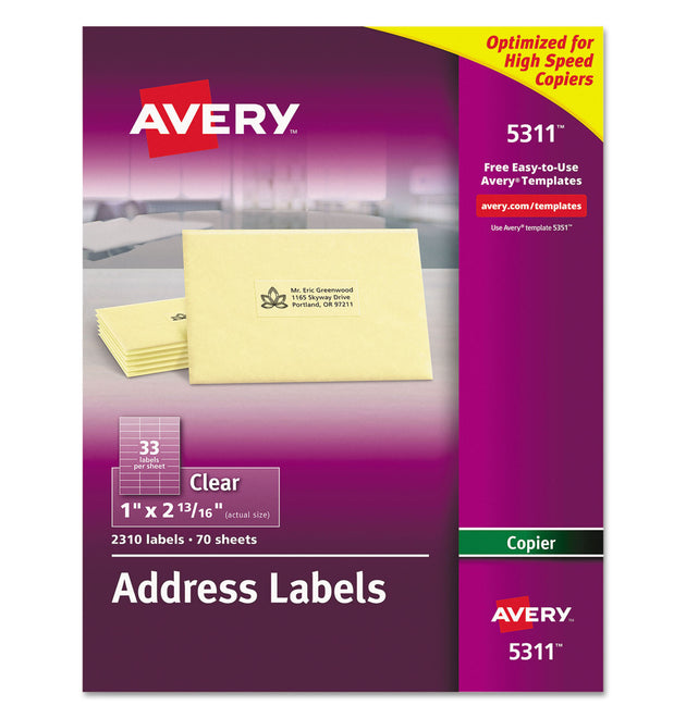 Copier Mailing Labels, Copiers, 1 x 2.81, Clear, 33/Sheet, 70 Sheets/Pack