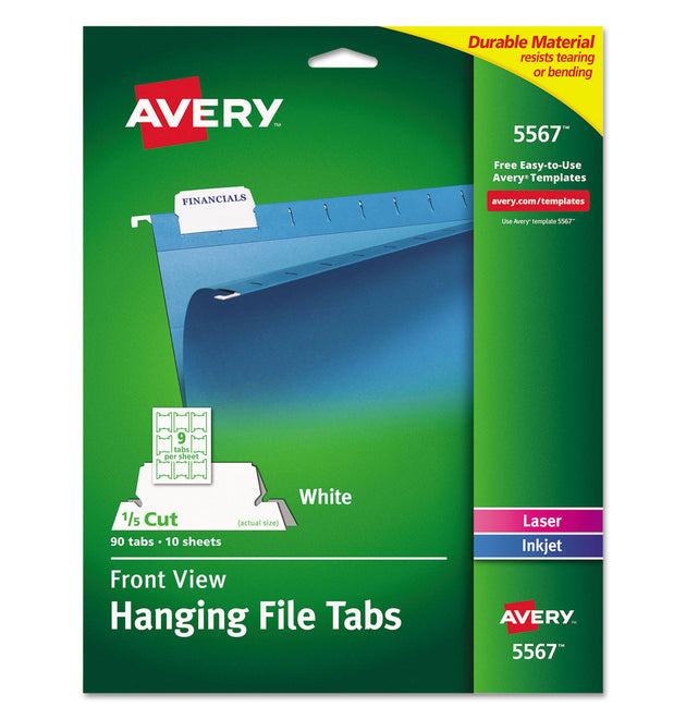 Laser Printable Hanging File Tabs, 1/5-Cut, White, 2.06