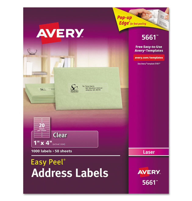 Matte Clear Easy Peel Mailing Labels w/ Sure Feed Technology, Laser Printers, 1 x 4, Clear, 20/Sheet, 50 Sheets/Box