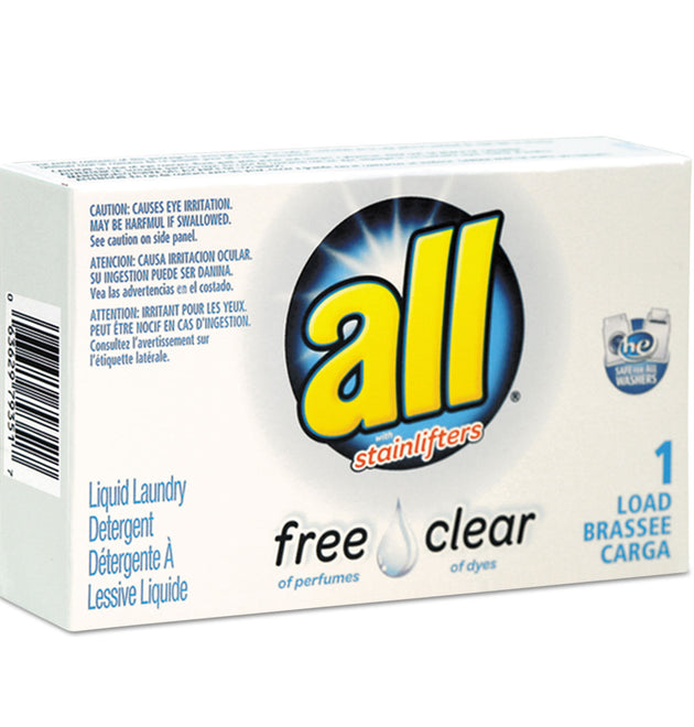 Free Clear HE Liquid Laundry Detergent, Unscented, 1.6 oz Vend-Box, 100/Carton