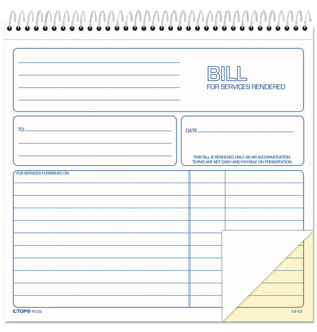 Bill for Services Rendered Book, Two-Part Carbonless, 8.5 x 7.75, 50 Forms Total