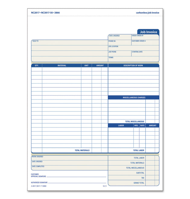 Job Invoice, Snap-Off Triplicate Form, Three-Part Carbonless, 8.5 x 11.63, 50 Forms Total