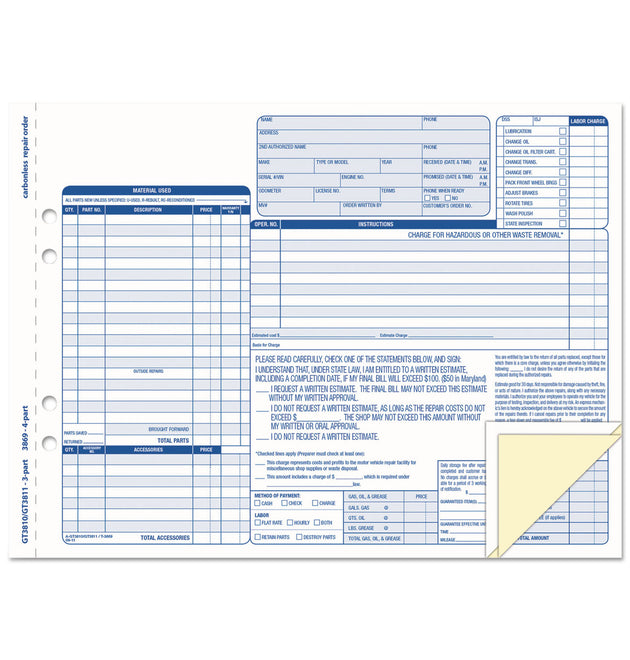 Auto Repair Four-Part Order Form, Four-Part Carbonless, 11 x 8.5, 50 Forms Total