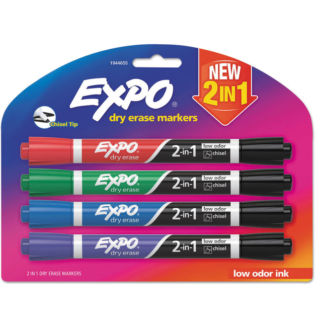 2-in-1 Dry Erase Markers, Fine/Broad Chisel Tips, Assorted Primary Colors, 4/Pack