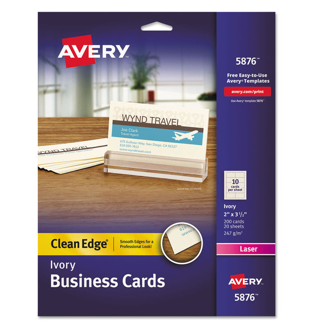 Clean Edge Business Cards, Laser, 2 x 3.5, Ivory, 200 Cards, 10 Cards/Sheet, 20 Sheets/Pack