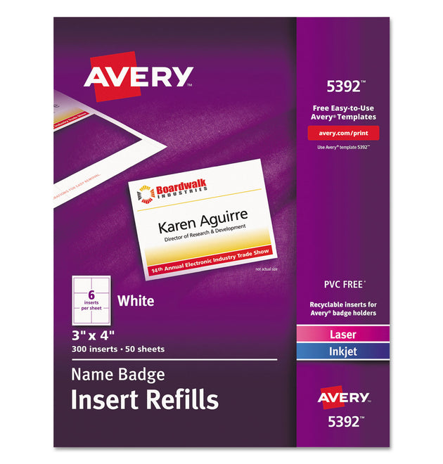 Name Badge Insert Refills, Horizontal/Vertical, 3 x 4, White, 300/Box