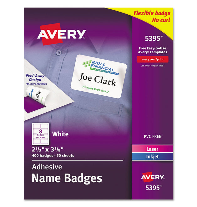 Flexible Adhesive Name Badge Labels, 3.38 x 2.33, White, 400/Box