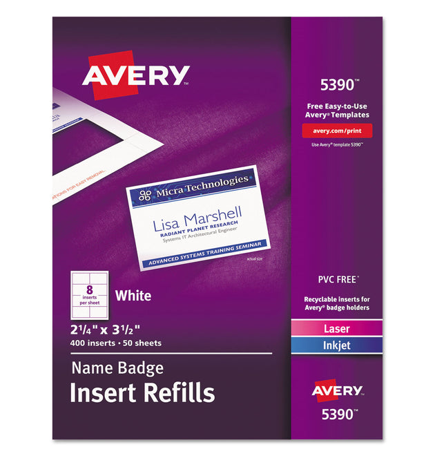 Name Badge Insert Refills, Horizontal/Vertical, 2 1/4 x 3 1/2, White, 400/Box