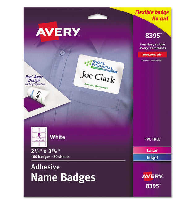 Flexible Adhesive Name Badge Labels, 3.38 x 2.33, White, 160/Pack