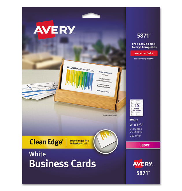 Clean Edge Business Cards, Laser, 2 x 3.5, White, 200 Cards, 10 Cards/Sheet, 20 Sheets/Pack