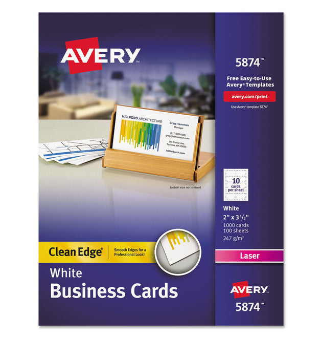 Clean Edge Business Cards, Laser, 2 x 3.5, White, 1,000 Cards, 10 Cards/Sheet, 100 Sheets/Box