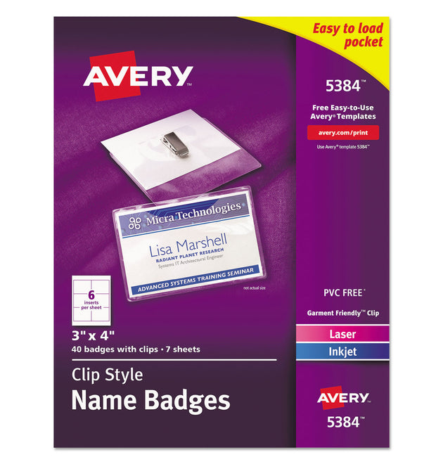 Clip-Style Name Badge Holder with Laser/Inkjet Insert, Top Load, 4 x 3, White, 40/Box