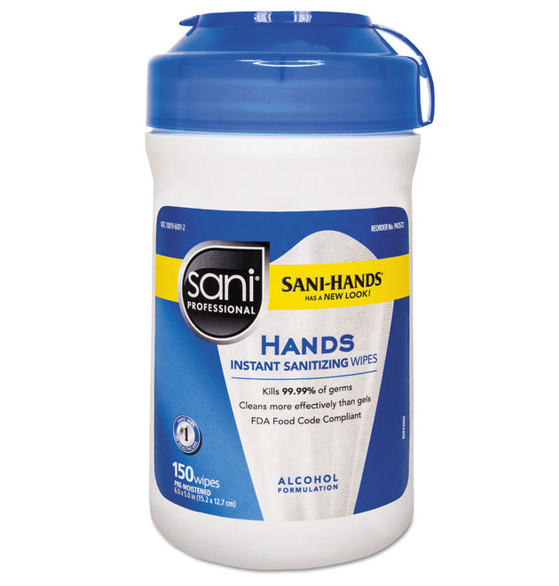 Hands Instant Sanitizing Wipes, 5 x 6, Unscented, White, 150/Canister