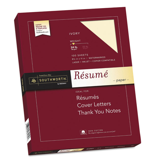 100% Cotton Resume Paper, 24 lb Bond Weight, 8.5 x 11, Ivory, 100/Pack