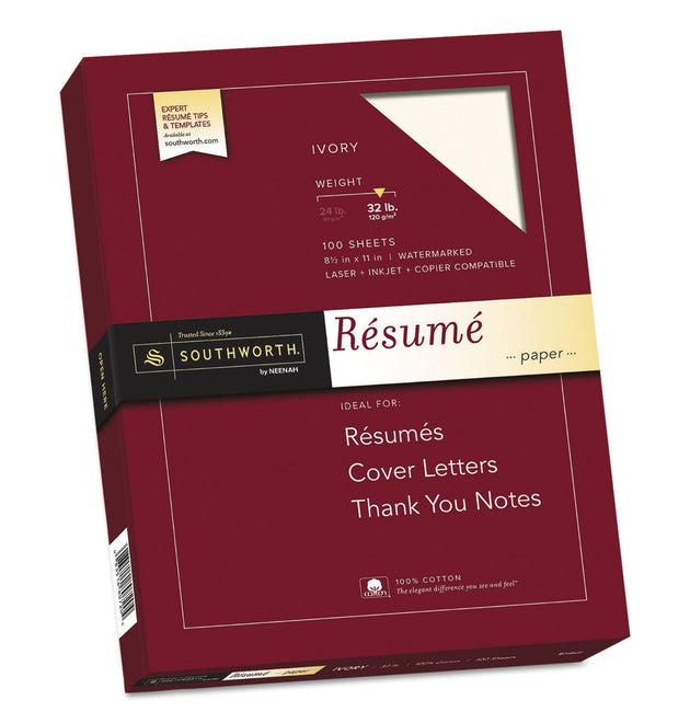 100% Cotton Resume Paper, 32 lb Bond Weight, 8.5 x 11, Ivory, 100/Pack