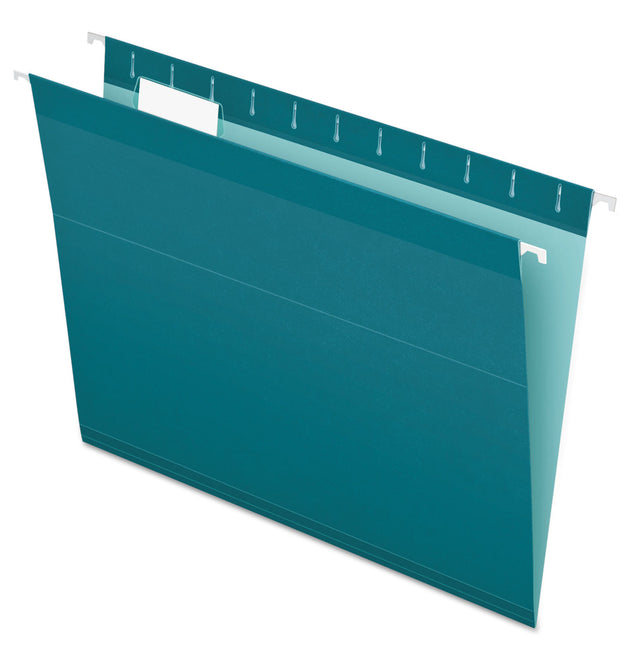 Colored Reinforced Hanging Folders, Letter Size, 1/5-Cut Tabs, Teal, 25/Box