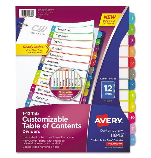 Customizable TOC Ready Index Multicolor Tab Dividers, 12-Tab, 1 to 12, 11 x 8.5, White, Contemporary Color Tabs, 1 Set