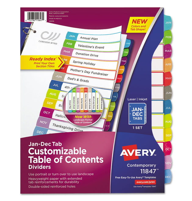 Customizable TOC Ready Index Multicolor Tab Dividers, 12-Tab, Jan. to Dec., 11 x 8.5, White, Contemporary Color Tabs, 1 Set