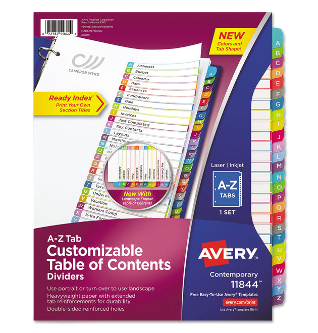 Customizable TOC Ready Index Multicolor Tab Dividers, 26-Tab, A to Z, 11 x 8.5, White, Contemporary Color Tabs, 1 Set