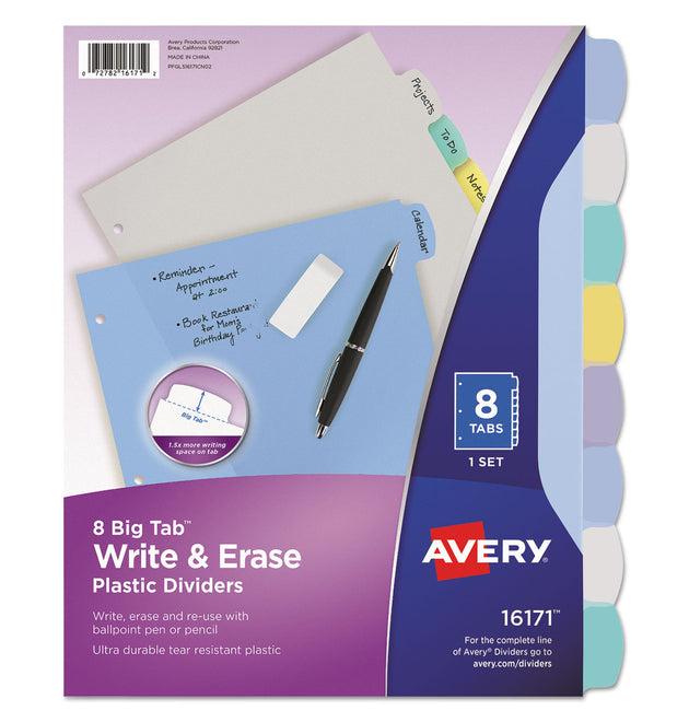 Write and Erase Big Tab Durable Plastic Dividers, 3-Hole Punched, 8-Tab, 11 x 8.5, Assorted, 1 Set