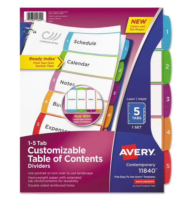 Customizable TOC Ready Index Multicolor Tab Dividers, 5-Tab, 1 to 5, 11 x 8.5, White, Contemporary Color Tabs, 1 Set