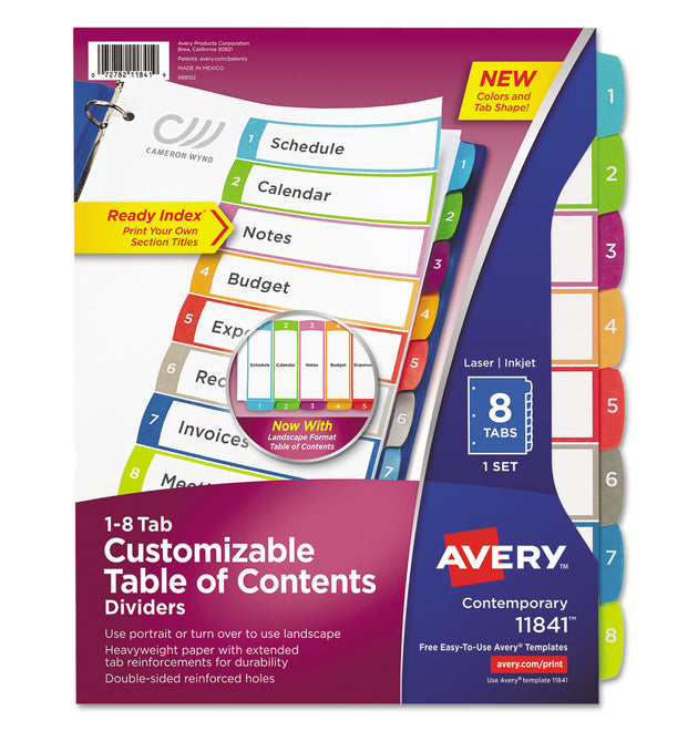 Customizable TOC Ready Index Multicolor Tab Dividers, 8-Tab, 1 to 8, 11 x 8.5, White, Contemporary Color Tabs, 1 Set