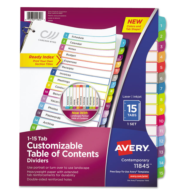 Customizable TOC Ready Index Multicolor Tab Dividers, 15-Tab, 1 to 15, 11 x 8.5, White, Contemporary Color Tabs, 1 Set