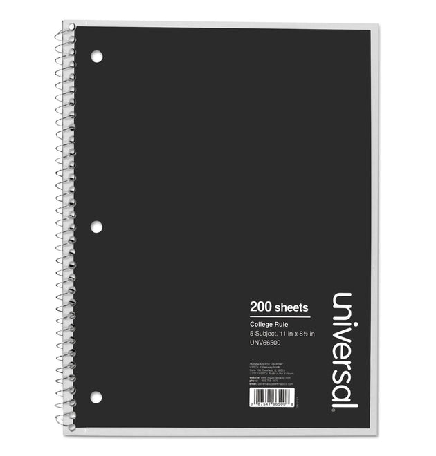 Wirebound Notebook, 5-Subject, Medium/College Rule, Black Cover, (200) 11 x 8.5 Sheets