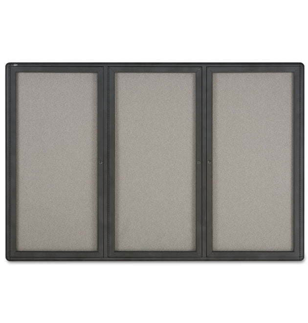 Enclosed Indoor Fabric Bulletin Board with Three Hinged Doors, 72 x 48, Gray Surface, Graphite Aluminum Frame