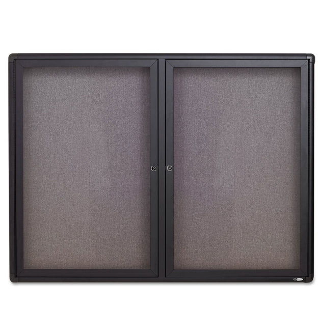 Enclosed Indoor Fabric Bulletin Board with Two Hinged Doors, 48 x 36, Gray Surface, Graphite Aluminum Frame