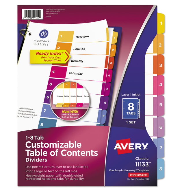 Customizable TOC Ready Index Multicolor Tab Dividers, 8-Tab, 1 to 8, 11 x 8.5, White, Traditional Color Tabs, 1 Set