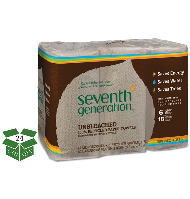 Natural Unbleached 100% Recycled Paper Kitchen Towel Rolls, 2-Ply, 11 x 9, 120/Roll, 24 Rolls/Carton