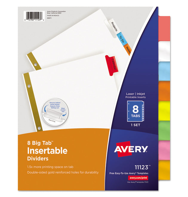 Insertable Big Tab Dividers, 8-Tab, Double-Sided Gold Edge Reinforcing, 11 x 8.5, White, Assorted Tabs, 1 Set