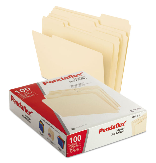 Interior File Folders, 1/3-Cut Tabs: Assorted, Letter Size, Manila, 100/Box