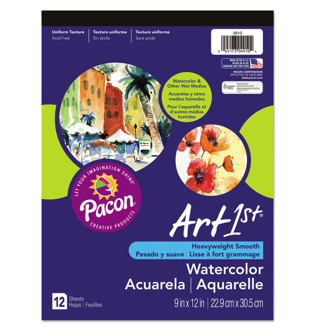 Artist Watercolor Paper Pad, Unruled, Yellow Cover, 12 White 9 x 12 Sheets