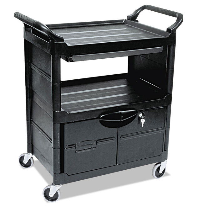 Utility Cart with Locking Doors, Plastic, 3 Shelves, 200 lb Capacity, 33.63