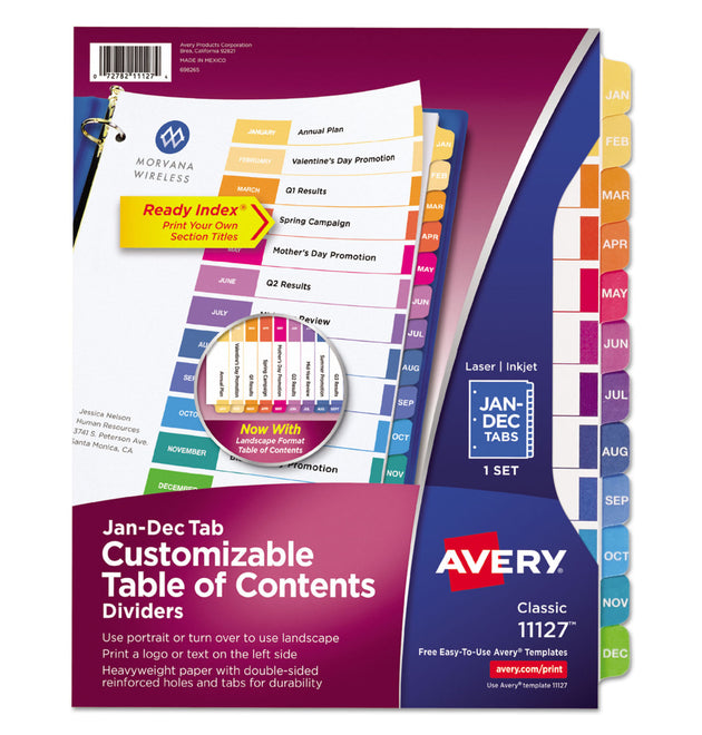 Customizable TOC Ready Index Multicolor Tab Dividers, 12-Tab, Jan. to Dec., 11 x 8.5, White, Traditional Color Tabs, 1 Set