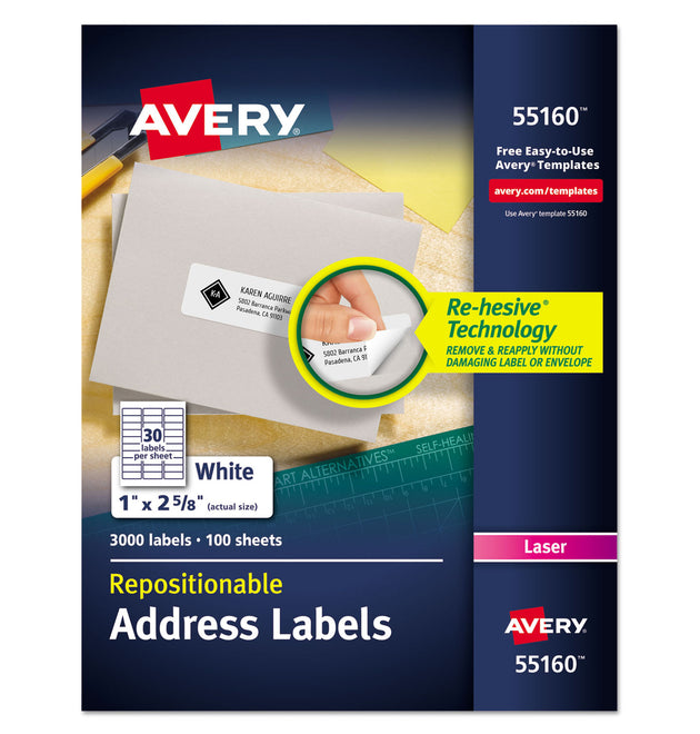 Repositionable Address Labels w/SureFeed, Laser, 1 x 2.63, White, 3000/Box