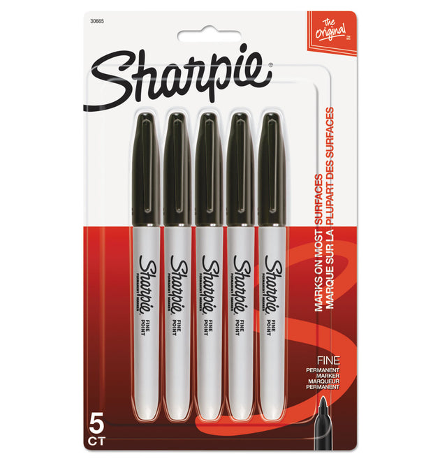 Fine Tip Permanent Marker, Fine Bullet Tip, Black, 5/Pack