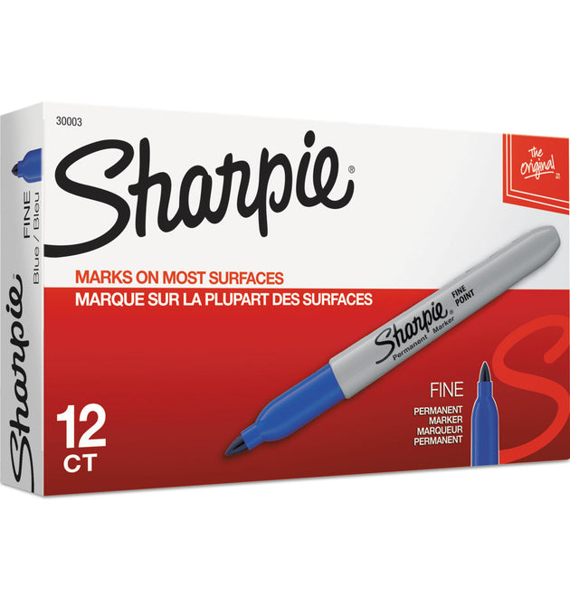 Fine Tip Permanent Marker, Fine Bullet Tip, Blue, Dozen