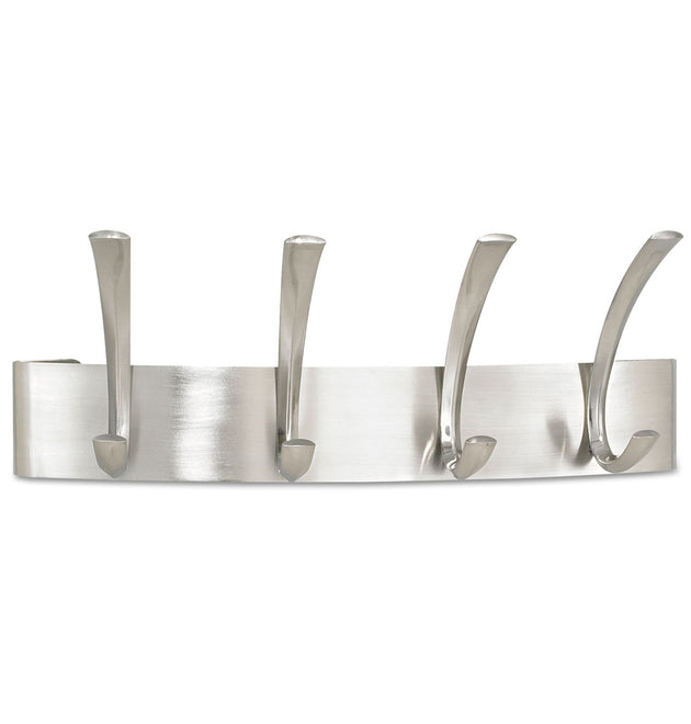 Metal Coat Rack, Wall Rack, Four Hooks, Steel, 14.25w x 4.5d x 5.25h, Brushed Nickel