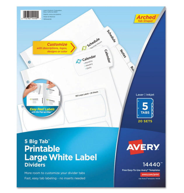 Big Tab Printable Large White Label Tab Dividers, 5-Tab, 11 x 8.5, White, 20 Sets