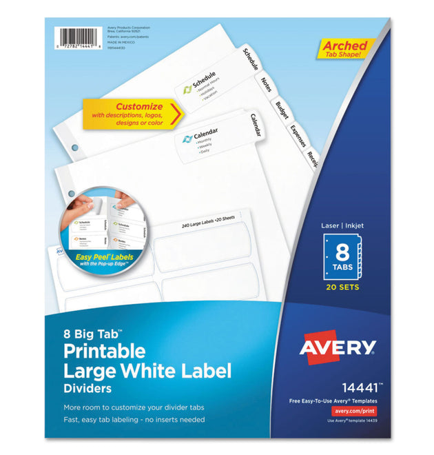 Big Tab Printable Large White Label Tab Dividers, 8-Tab, 11 x 8.5, White, 20 Sets