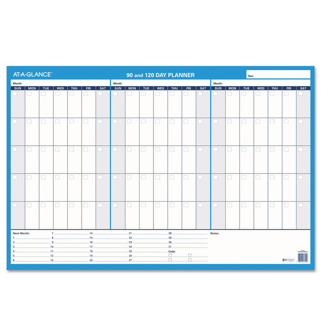 90/120-Day Undated Horizontal Erasable Wall Planner, 36 x 24, White/Blue Sheets, Undated