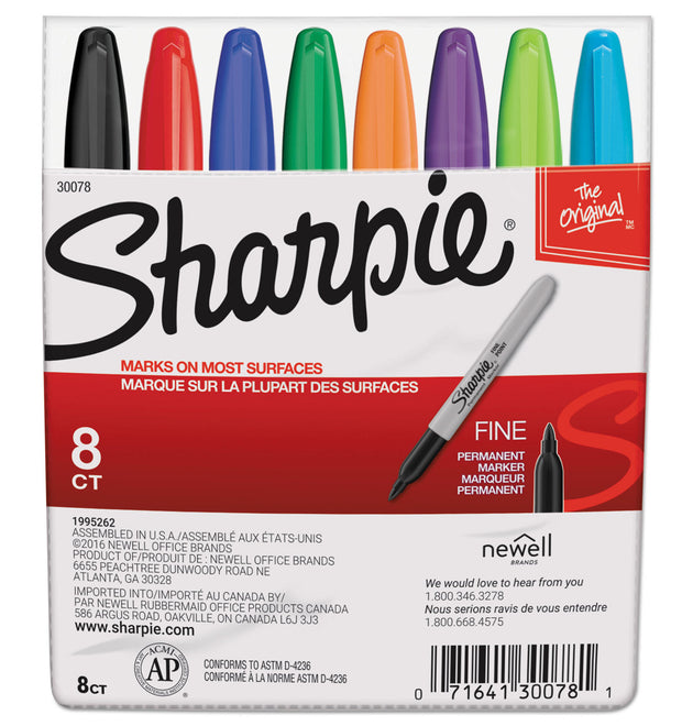 Fine Tip Permanent Marker, Fine Bullet Tip, Assorted Colors, 8/Set