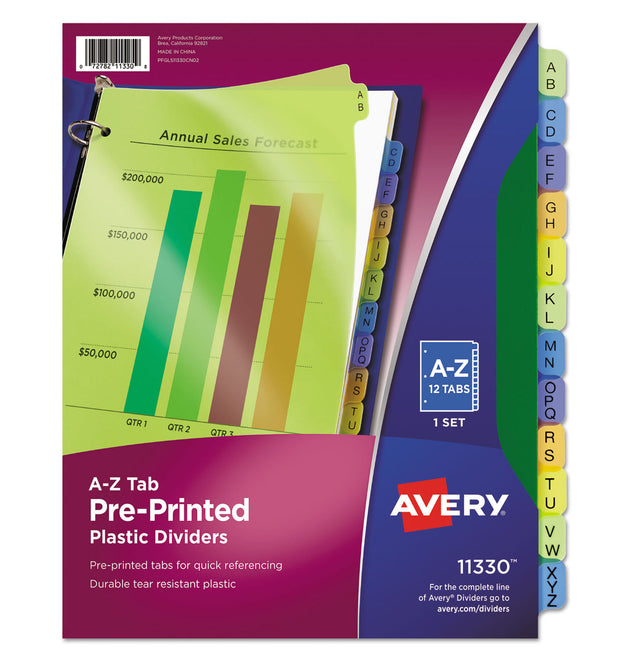 Durable Preprinted Plastic Tab Dividers, 12-Tab, A to Z, 11 x 8.5, Assorted, 1 Set